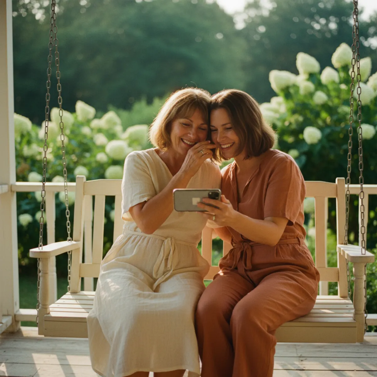 Mother and daughter listening to a song gift together on a porch swing