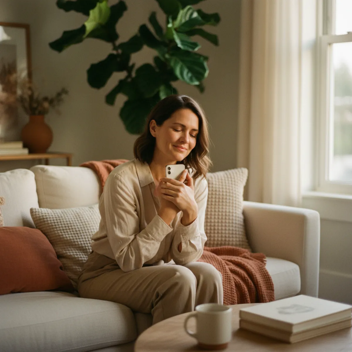 Woman holding her phone close, moved by a song gift she just received