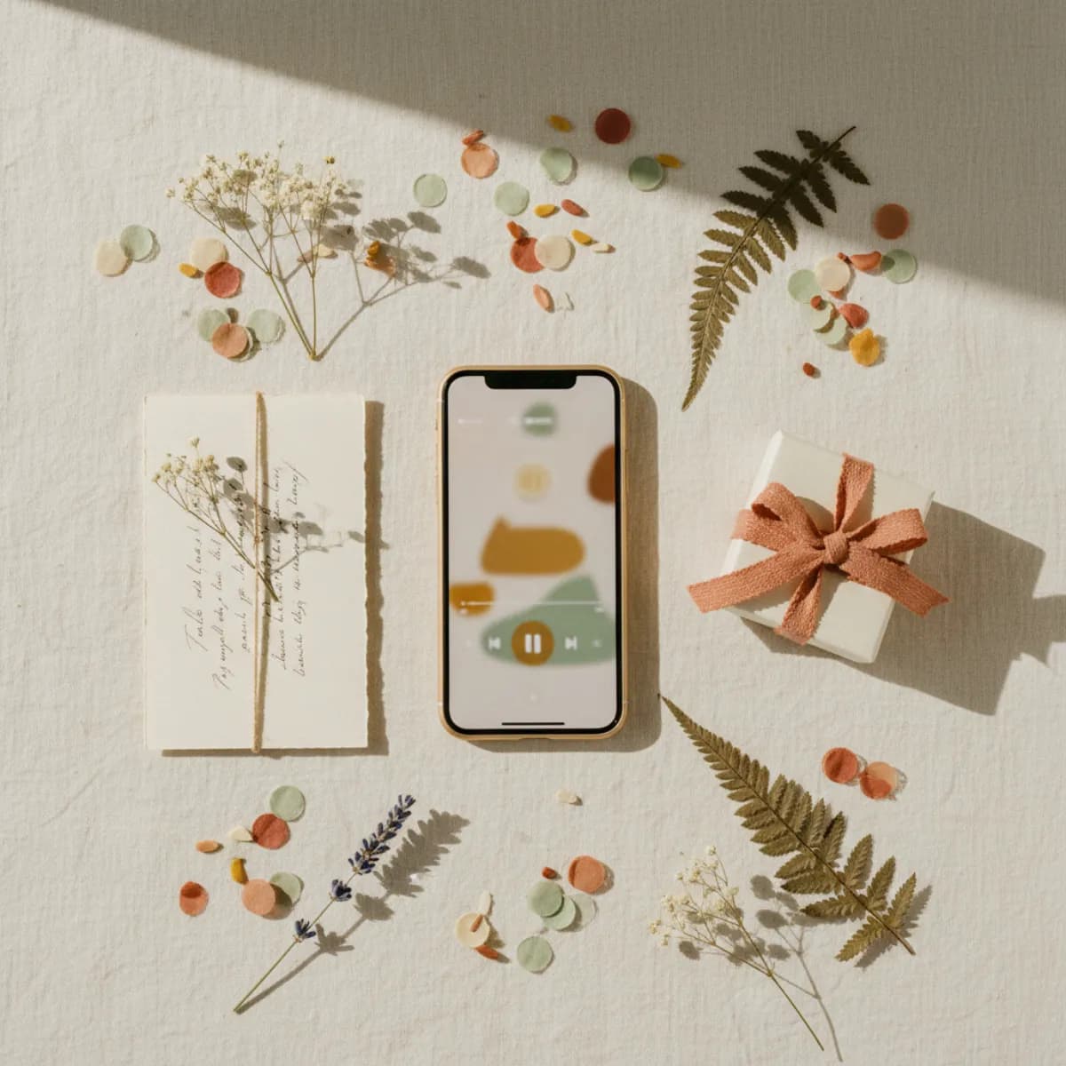 Phone showing a song gift surrounded by flowers and a handwritten card