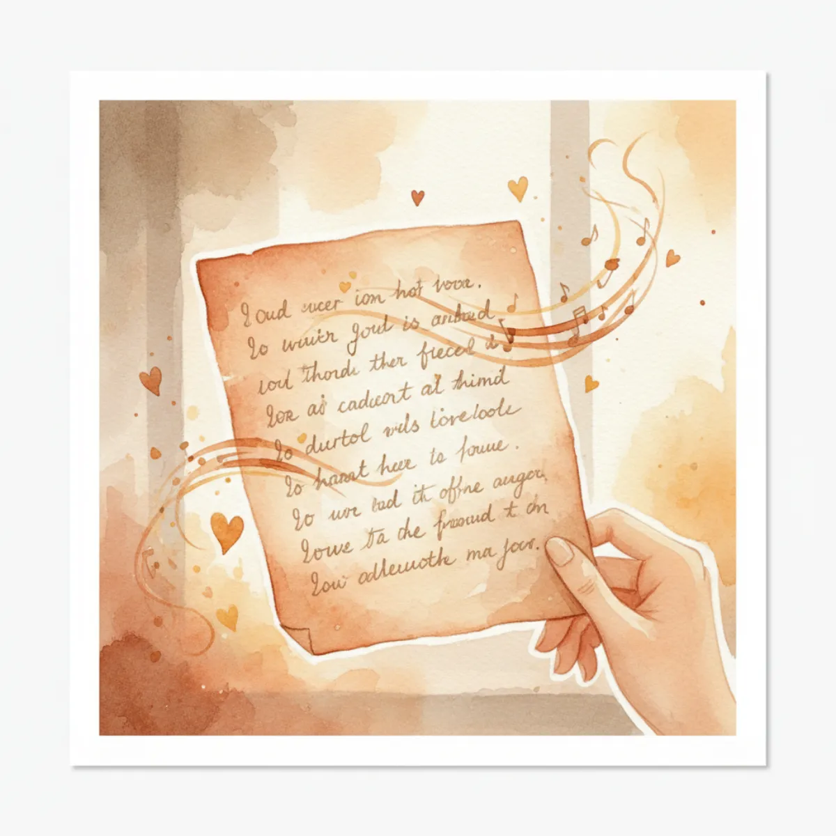 Handwritten lyrics drifting from the page like leaves