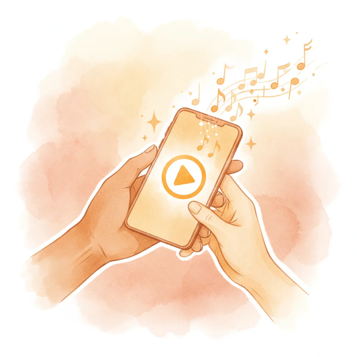 Two hands exchanging a phone with a glowing play button